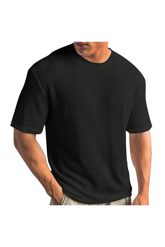 Men's Knit T-Shirts Short Sleeve Crewneck Shirt Casual Textured Loose Fit Pullover Solid Texture Knit Shirt Black