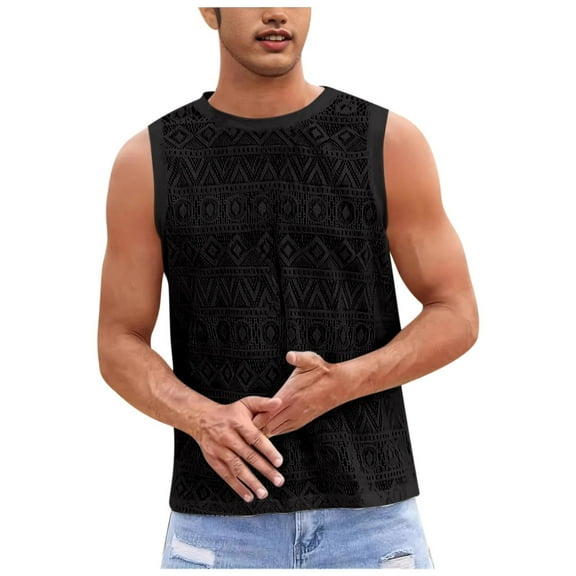 FRSASU Men's Knitted Tank Tops Casual Hollow Out Sleeveless T Shirts Summer Breathable Round Neck Vest Black
