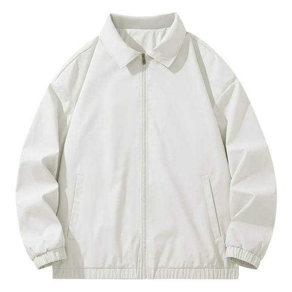 FRSASU Men's Lapel Jackets Full Zip Casual Solid Jacket Lightweight Outdoor Workwear Flight Coat with Pockets White