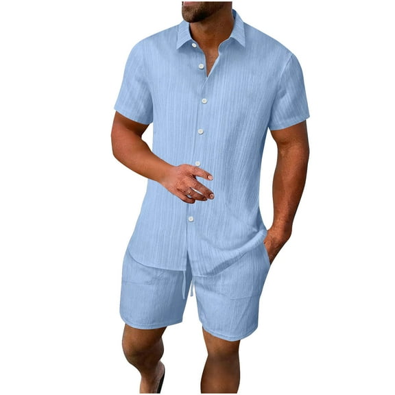 FRSASU Men's Lapel Neck T Shirt and Drawstring Elastic Waist Shorts Summer Tracksuit Casual Two Piece Outfits Sky Blue