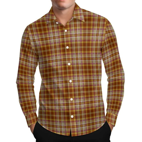 FRSASU Men's Lapel Plaid Button Down Shirts Regular Fit Long Sleeve Casual Business Shirts Coffee