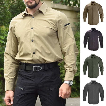FRSASU Men's Lapel Shirts Quick Dry Long Sleeve Fishing Shirt Outdoor Mountaineering Lightweight Button-up Work Shirt Khaki