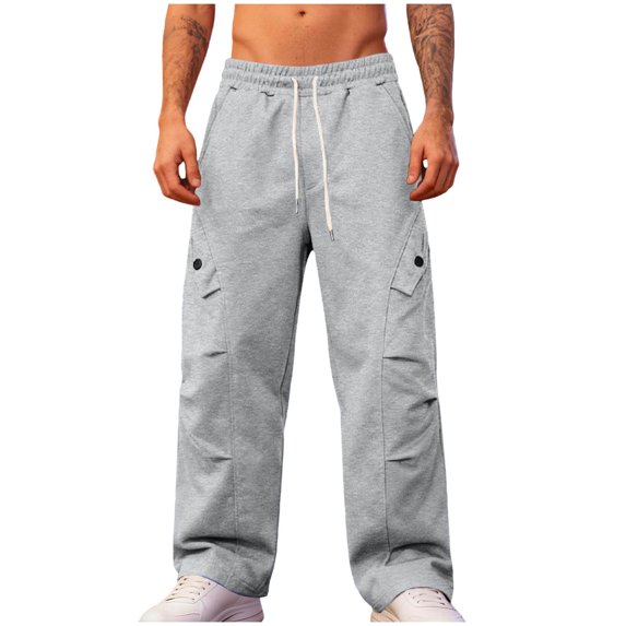 FRSASU Men's Lightweight Cargo Sweatpants Loose Fit Open Bottomh Athletic Drawstring Pants with Pockets Gray