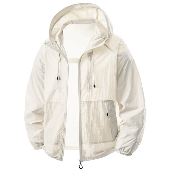 FRSASU Men's Lightweight Hoodie Jacket UPF 50+ Sun Protection Long Sleeve Hiking Fishing Shirt Waterproof Windbreaker Jacket Beige