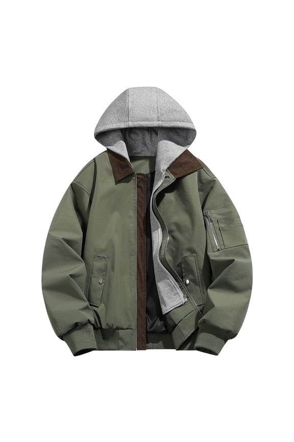 Men's Lightweight Jacket Work Outwear Casual fake two-piece long sleeved hooded casual jacket Army Green