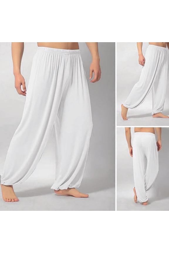 Men's Lightweight Loose Breathable Dance Yoga Pants Elastic Waist Yoga Harem Pants White