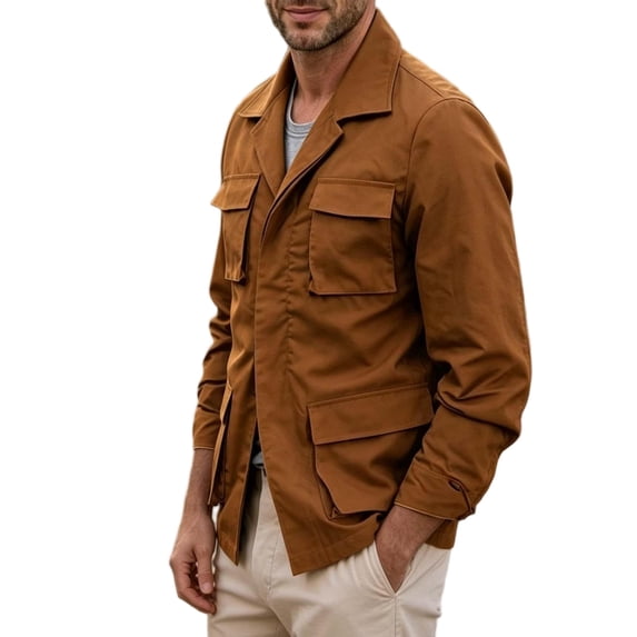FRSASU Men's Lightweight Outdoor Hiking Cargo Jackets Stand Collar Outwear Button Down Motorcycle Coat with Multiple Pockets Coffee