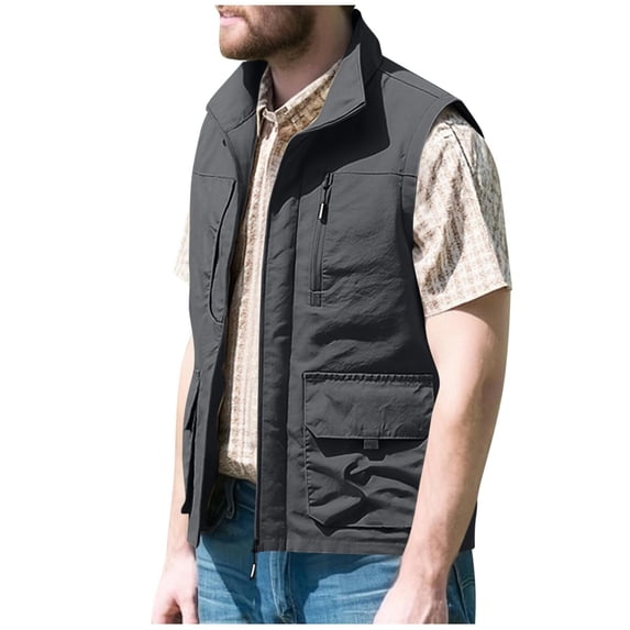 FRSASU Men's Lightweight Outdoor Vest Work Fish Photo Travel Golf Vests Classic Zip up Sleeveless Waistcoat with Pocket Gray