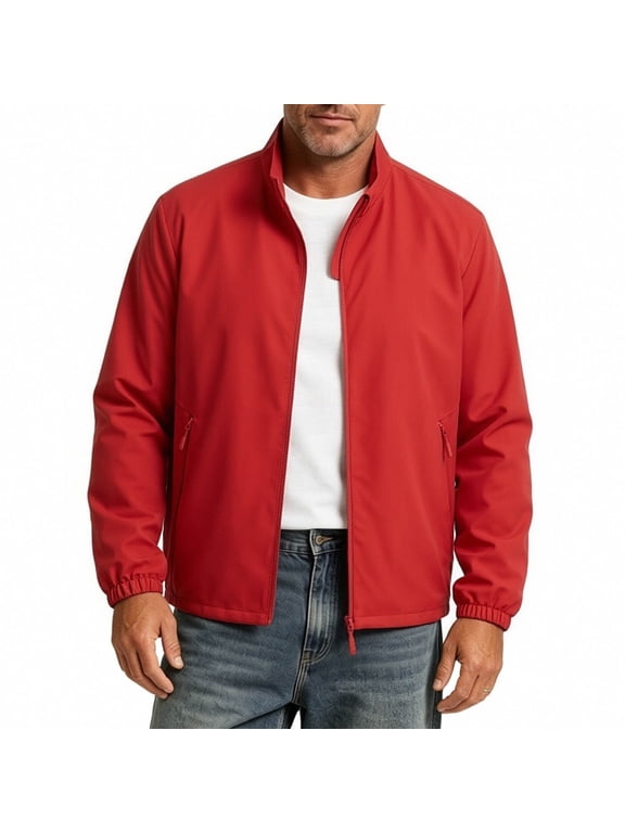 Men's Lightweight Windbreaker Jacket Stand Collar Zip Side Pocket Elastic Cuff Casual office Coat Red