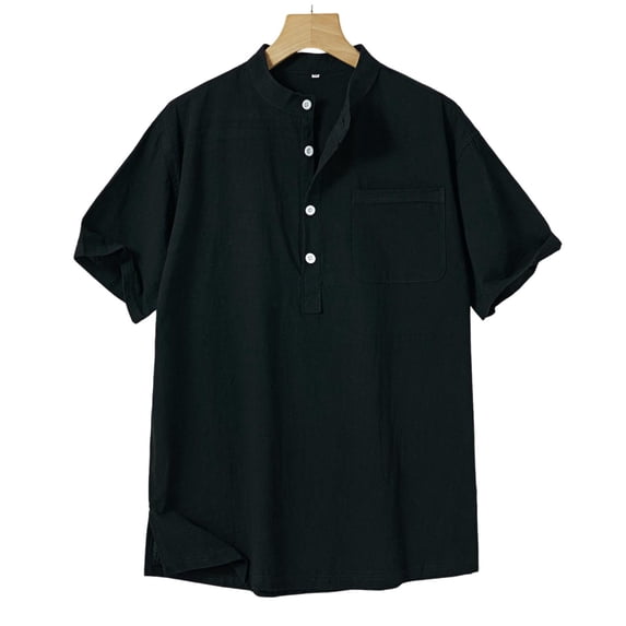 FRSASU Men's Linen Band Collar Shirts Solid Color Henley Neck Tops Spring Summer Casual Work Pullover T-Shirts with Pockets Black