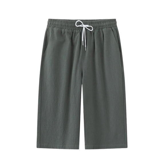 FRSASU Men's Linen Cotton Capri Pants Loose Fit Elastic Waist Wide Leg Baggy Harem Short Pants Army Green