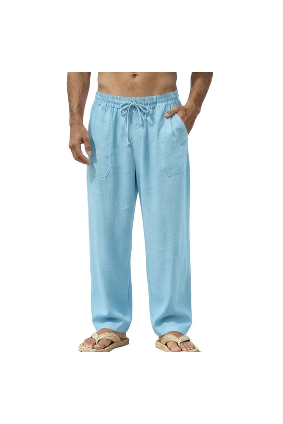 Men's Linen Pants Summer Beach Straight Leg Elastic Waist Drawstring Solid Loose Trousers with Pockets Light Blue