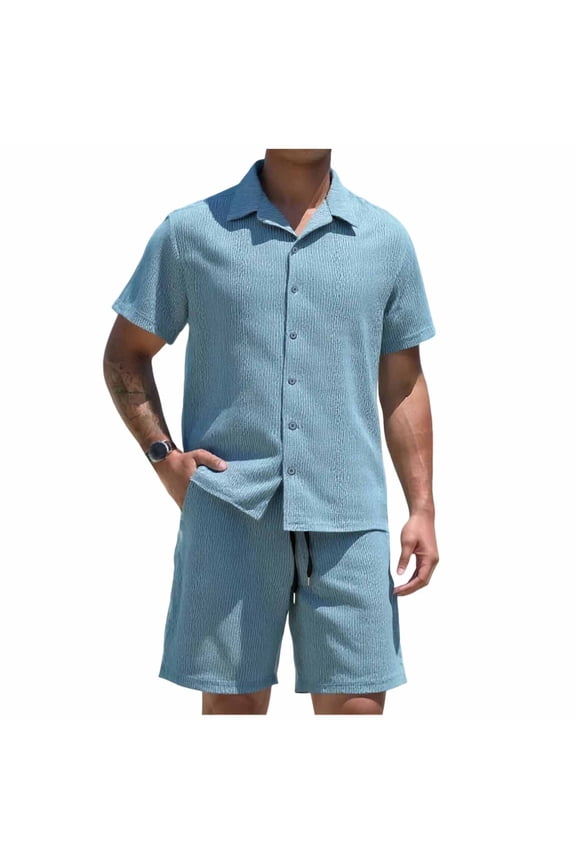 Men's Linen Sets 2 Pieces Summer Vacation Party Beach Outfits Short Sleeve Button Down Shirts and Shorts Set Light Blue