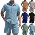 thumbnail image 1 of FRSASU Men's Linen Sets 2 Pieces Summer Vacation Party Beach Outfits Short Sleeve Button Down Shirts and Shorts Set Light Blue, 1 of 6
