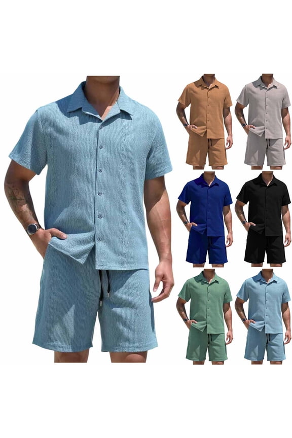 Men's Linen Sets 2 Pieces Summer Vacation Party Beach Outfits Short Sleeve Button Down Shirts and Shorts Set Light Blue