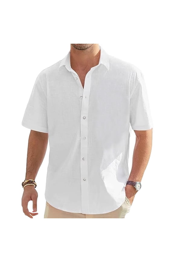 Men's Linen Shirts Casual Short Sleeve Button Down Shirt Beach Vacation Cruise Summer Wedding Cotton Tops White