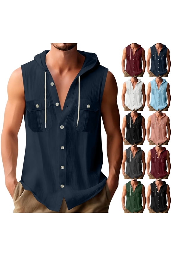 Men's Linen Sleeveless Hoodies Shirts Button Down Beach Cargo Tank Top Basic Solid Shirt Vest with Pocket White