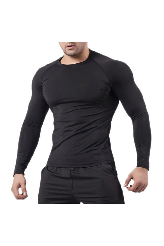 Men's Long Sleeve Compression Shirts Athletic Sport Rash Guard Cool Dry Fit Workout Tight Base Layer Tops Black