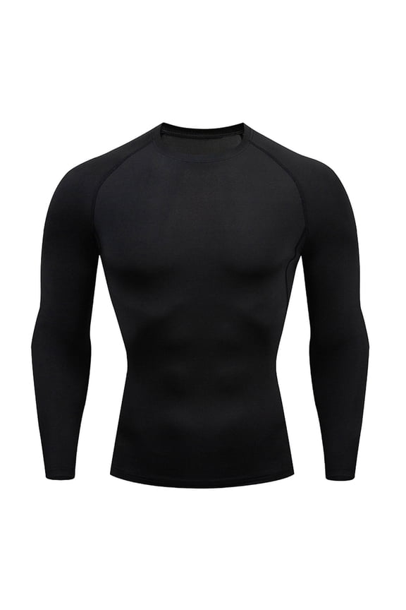 Men's Long Sleeve Crew Neck Compression Shirts Elastic Quick Dry Workout Running Sport Base Layer Tops Black