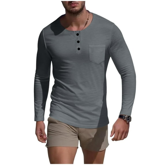 FRSASU Men's Long Sleeve Henley Shirts with Pocket Slim Fit Round Neck Casual Tops with Button Basic Tee Gray