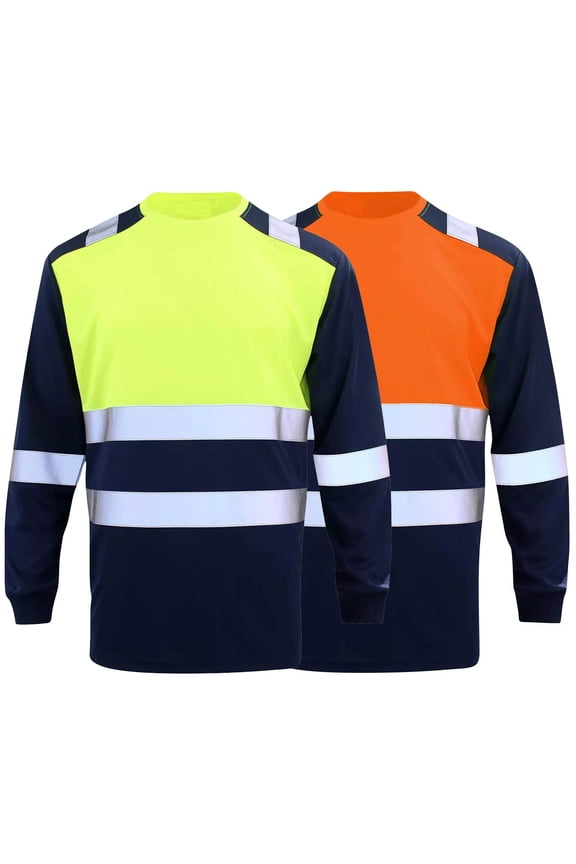 Men's Long Sleeve Mesh Workwear Safety Shirts Reflective Color Blocked Round Neck Shirts Yellow