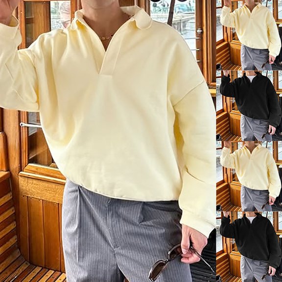 FRSASU Men's Long Sleeve Pullover Polo Shirts-Casual Loose Fit Sweatshirts V Neck Tops Yellow