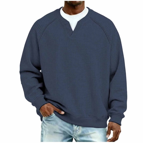 FRSASU Men's Long Sleeve Shirt Colorblock Layered Waffle Texture Loose Fit Top Casual Streetwear Navy