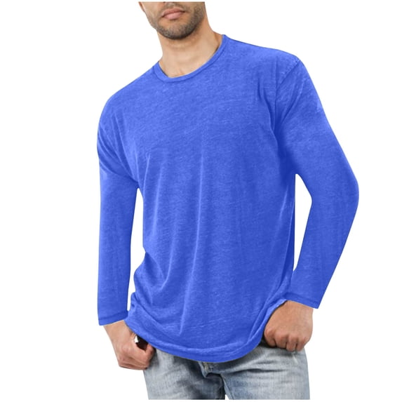 FRSASU Men's Long Sleeve Shirt Crew Neck Plain Spring Summer Soft Comfort Pullover Loose Fit Lightweight Blouse Light Blue