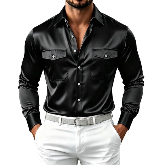 FRSASU Men's Long Sleeve Silky Satin Button Down Shirt Business Casual Dress Shirts with Chest Pockets Black