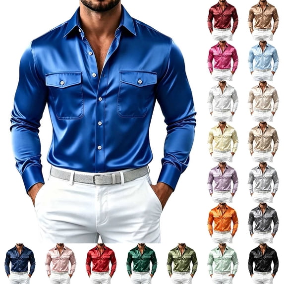 FRSASU Men's Long Sleeve Silky Satin Button Down Shirt Business Casual Dress Shirts with Chest Pockets Yellow