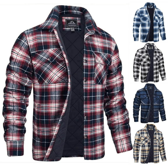 FRSASU Men's Long Sleeve Top Outdoor Warm Plaid Fleece Jacket Button Coats with Pocket Wine