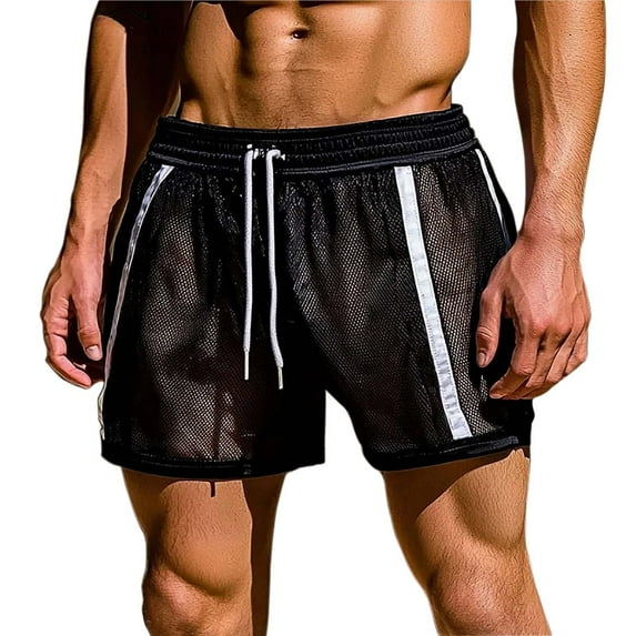 FRSASU Men’s Mesh Shorts Fishnet Lounge Hollow Short Trunks Loose See Through Short Elastic Waist Drawstring Short for Men Black