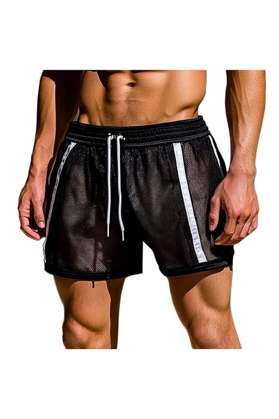 Men’s Mesh Shorts Fishnet Lounge Hollow Short Trunks Loose See Through Short Elastic Waist Drawstring Short for Men Black