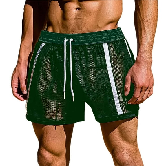 FRSASU Men’s Mesh Shorts Fishnet Lounge Hollow Short Trunks Loose See Through Short Elastic Waist Drawstring Short for Men Green
