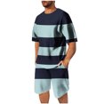 thumbnail image 1 of FRSASU Men's Mesh Striped 2 Piece Outfits Drop Shoulder Oversize Tee Shirt Shorts Set Athletic Jogging Summer Tracksuit Light Blue, 1 of 7