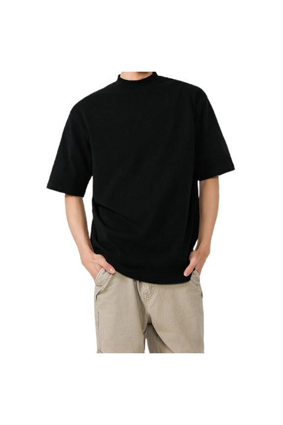 Men's Mock Turtleneck Short Sleeve Soft Lightweight Casual Basic M-5XL T-Shirts Solid Pullover Tops Black