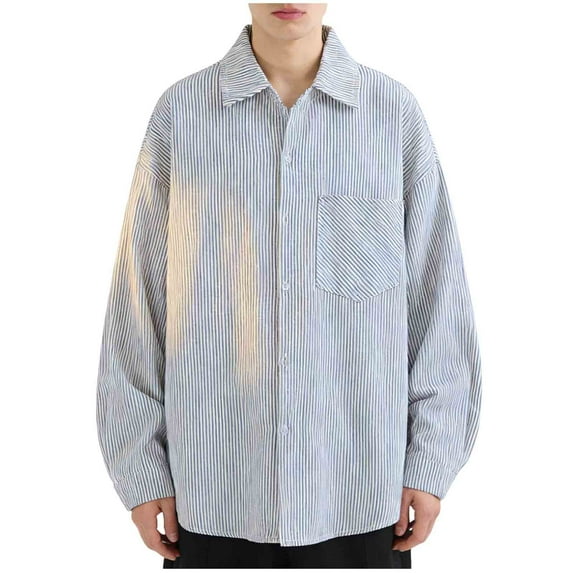 FRSASU Men's Modern Oversized-Fit Cotton Long Sleeve Striped Button-Down Shirt with Pocket Size M-5XL Gray