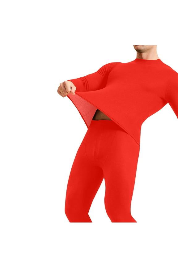 Men's Mulberry Silk Long Top and Bottom Thickened and Velvet thermal Underwear Set/Base Layer Red