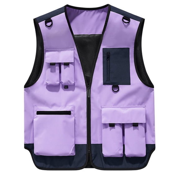 FRSASU Men's Multi Pockets Zipper Fishing Vest Lightweight Casual Summer Safari Travel Outdoor Work Photo Cargo Waistcoat Purple