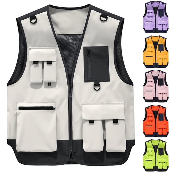 FRSASU Men's Multi Pockets Zipper Fishing Vest Lightweight Casual Summer Safari Travel Outdoor Work Photo Cargo Waistcoat Yellow