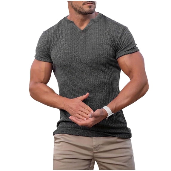 FRSASU Men's Muscle Slim T-Shirts Soft Stretch Slim Fit Short Sleeve Compression Shirt Bodybuilding Gym Workout Athletic Tops Dark Gray