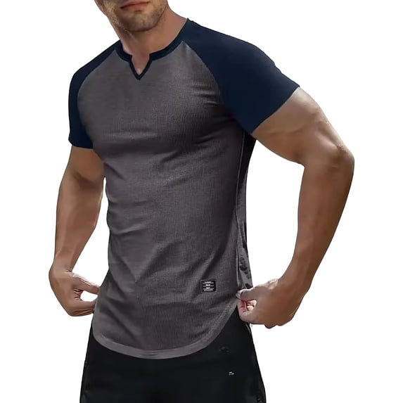 FRSASU Men's Muscle Slim T-Shirts Texture Color Block Longline Henley Gym Workout Athletic Tee Shirt Dark Gray