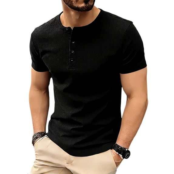 FRSASU Men's Muscle T-Shirt Bodybuilding Gym Tee Short Sleeve Button Casual Work Athletic Workout Tee Tops Black-A