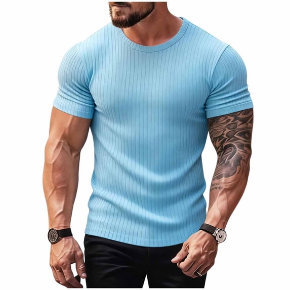 FRSASU Men's Muscle T-Shirts Stretch Short Sleeve Bodybuilding Workout Casual Slim Fit Tee Tops Light Blue