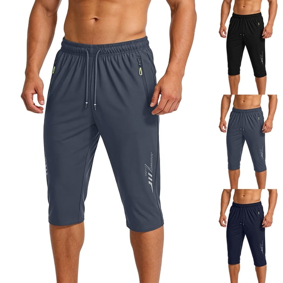 FRSASU Men's Outdoor Capri Pants Quick Dry Hiking Capris Drawstring Elastic Waist Workout Pant with Zipper Pockets Gray
