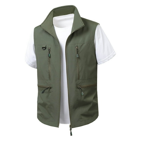 FRSASU Men's Outdoor Cargo Vest Lightweight Waterproof Sleeveless Utility Jacket Vest for Hiking Hunting Travel Army Green