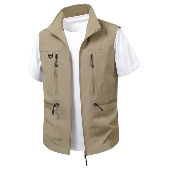 FRSASU Men's Outdoor Cargo Vest Lightweight Waterproof Sleeveless Utility Jacket Vest for Hiking Hunting Travel Khaki