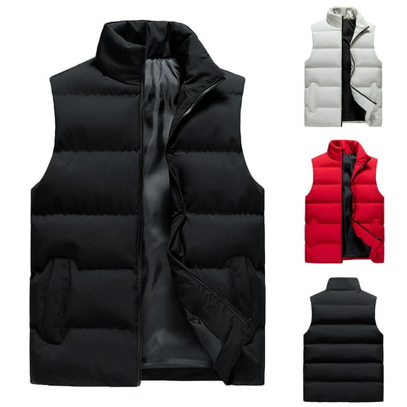 FRSASU Men's Outdoor Casual Stand Collar Outwear Padded Warm Cotton Vest Coats with Pocket White
