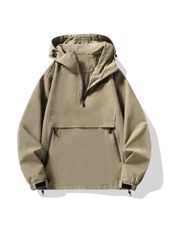 Men's Outdoor Hooded Anorak Wind Pullover Jacket Half‑Zip Placket Oversized Front Pocket Side Zippered Pockets Adjustable Drawstring Hem Outer Coat Khaki