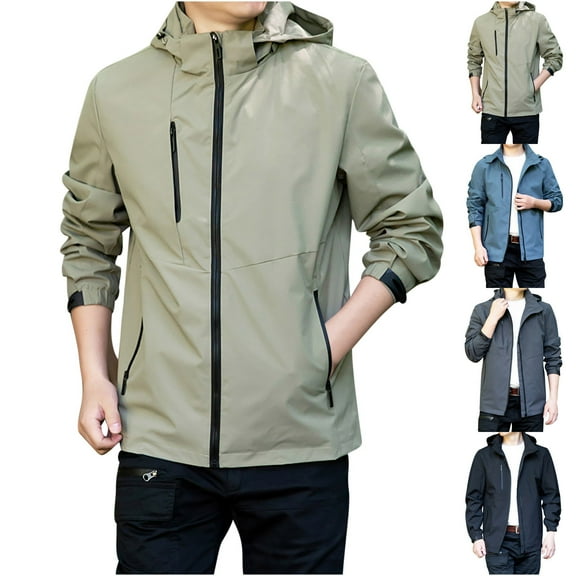 FRSASU Men's Outdoor Solid Color Jacket Windproof and Waterproof Mountaineering Workwear Hooded Jacket Khaki